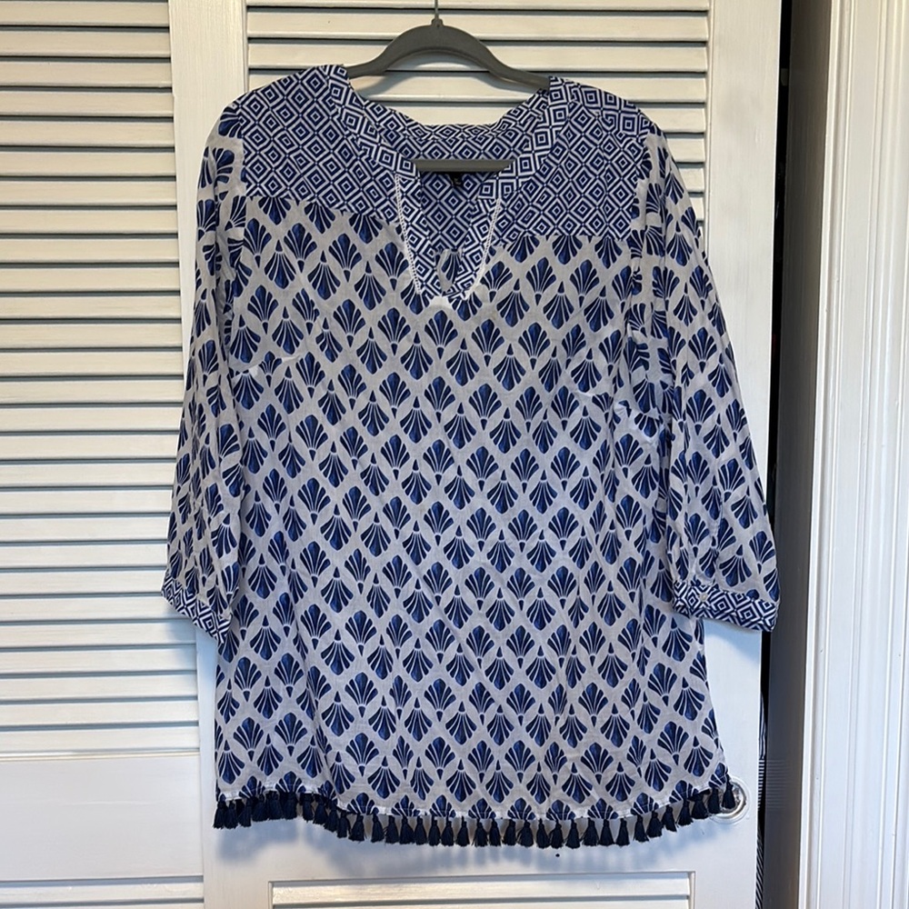 Talbots Blue and White Boxy 3/4 Sleeve Tunic
